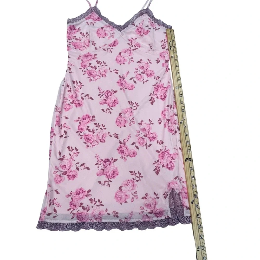 Pink Floral‎ Slip Dress Small Lace Trim Chemise Lingerie Nightgown Y2K Coquette